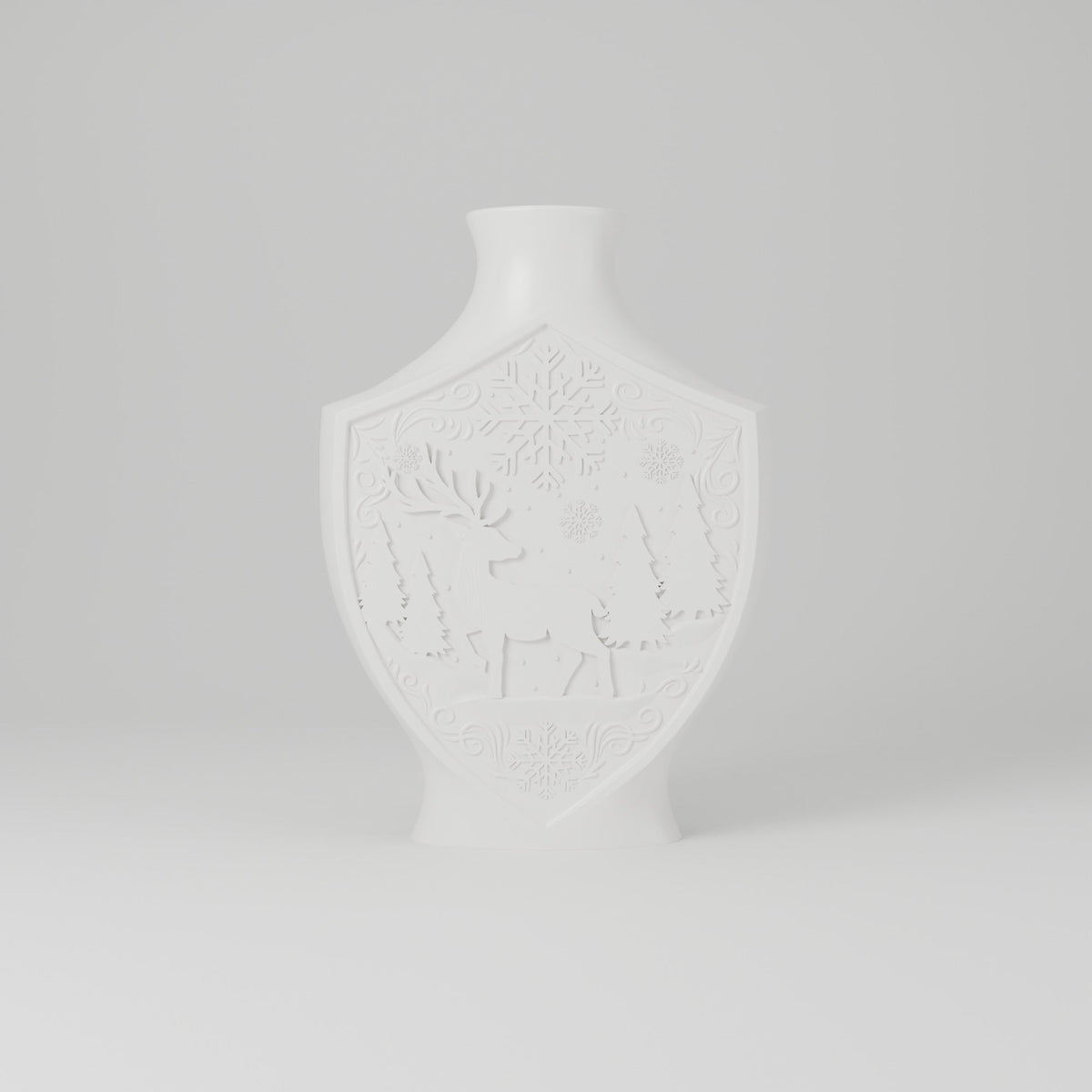 Winter Reindeer Relief Vase – Flat Shield Vase with Deer & Snowflake Scene - Northern Foundry