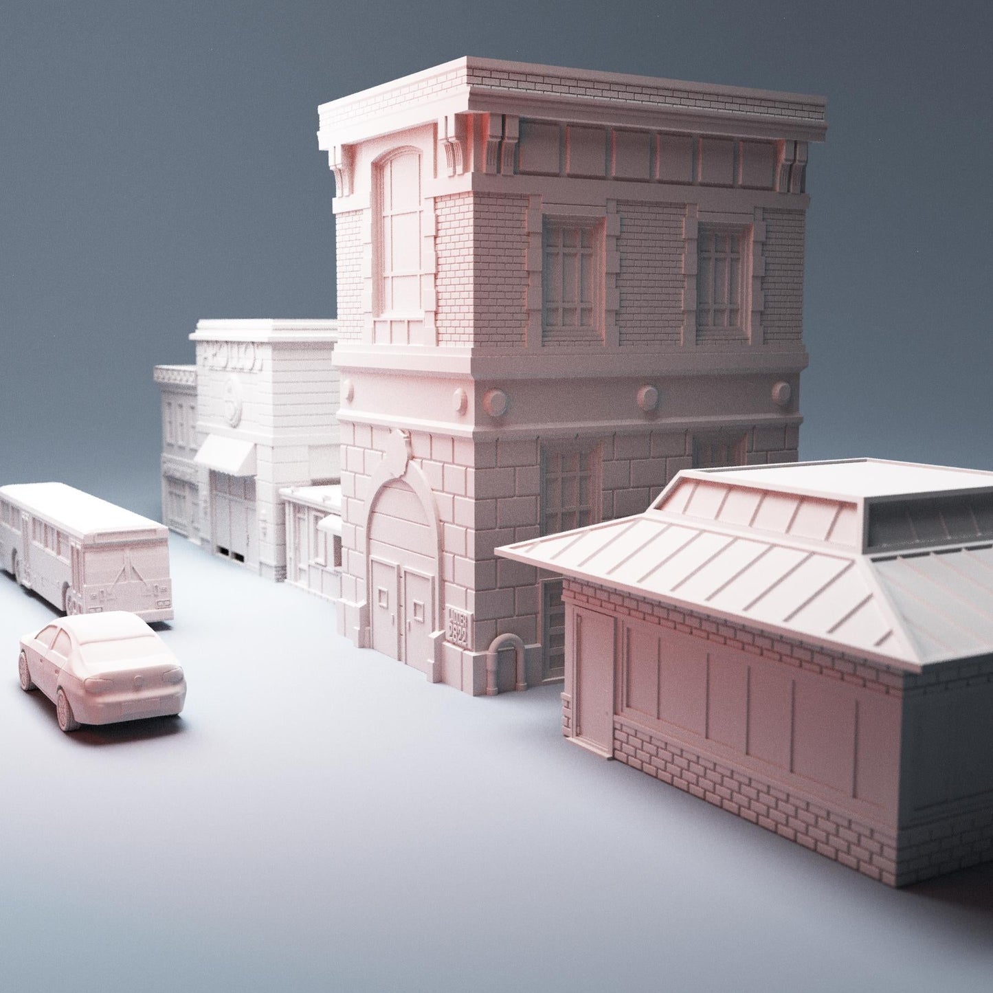 28mm Modern City Terrain – Firehouse, Bus + Restaurants - Northern Foundry