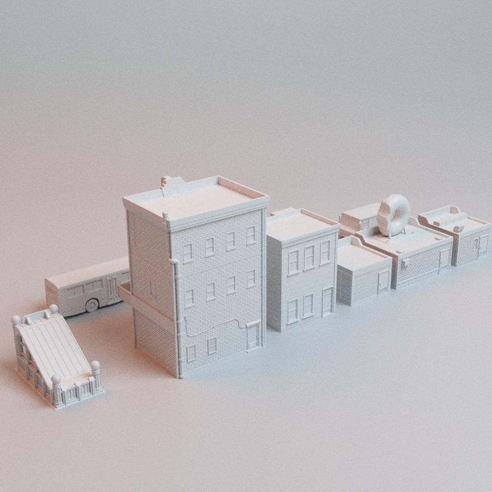40mm Heroic Urban Cityscape Terrain – 5 Buildings + 4 Vehicles - Northern Foundry