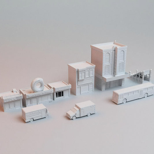 40mm Heroic Urban Cityscape Terrain – 5 Buildings + 4 Vehicles - Northern Foundry