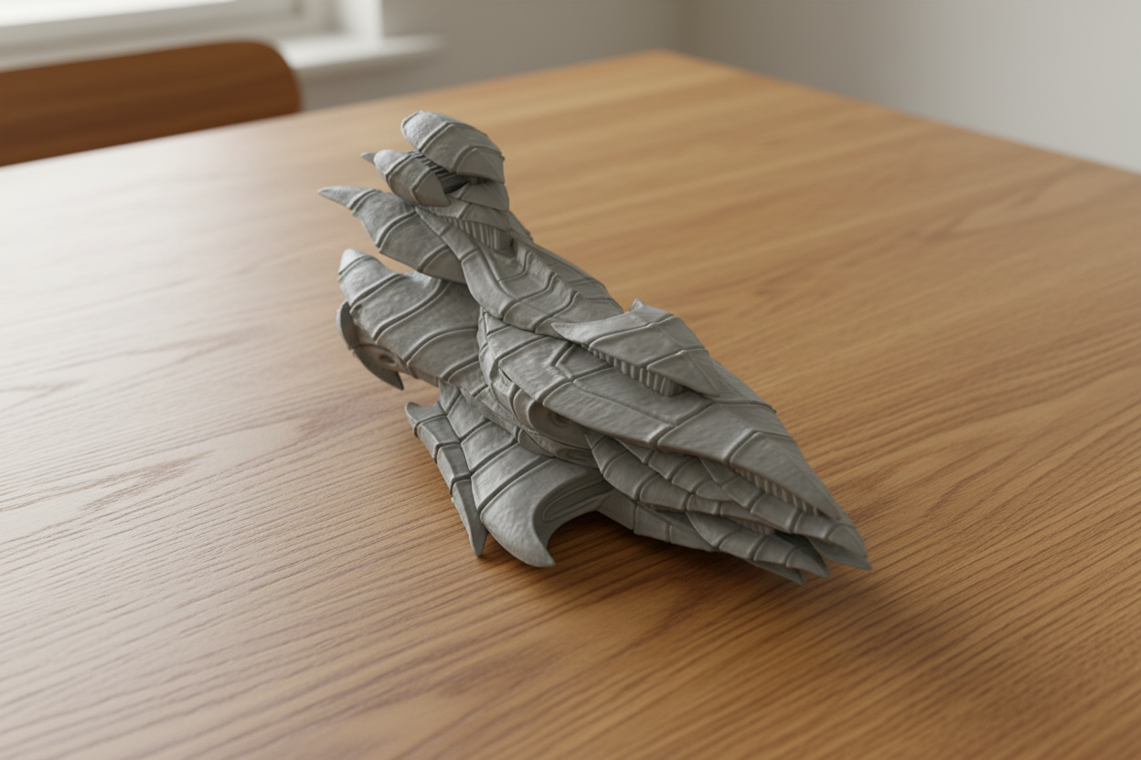 Grey alien spaceship on a wooden table
