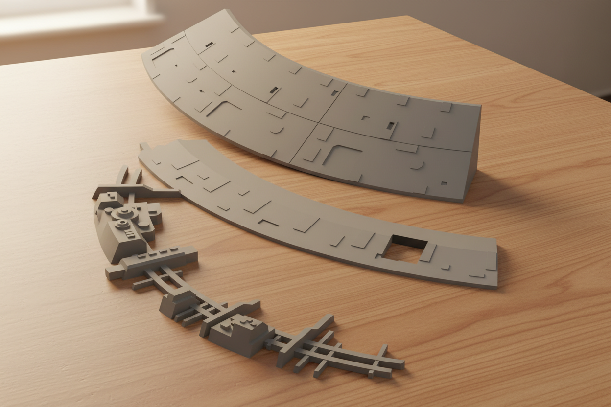 Gray plastic model parts on a wooden surface
