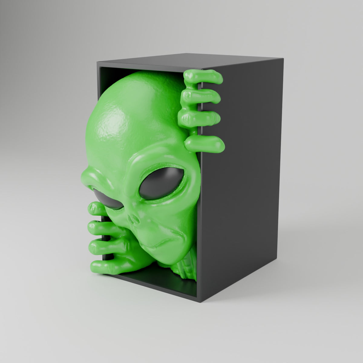 Alien book nook bookshelf insert green with black eyes angled view