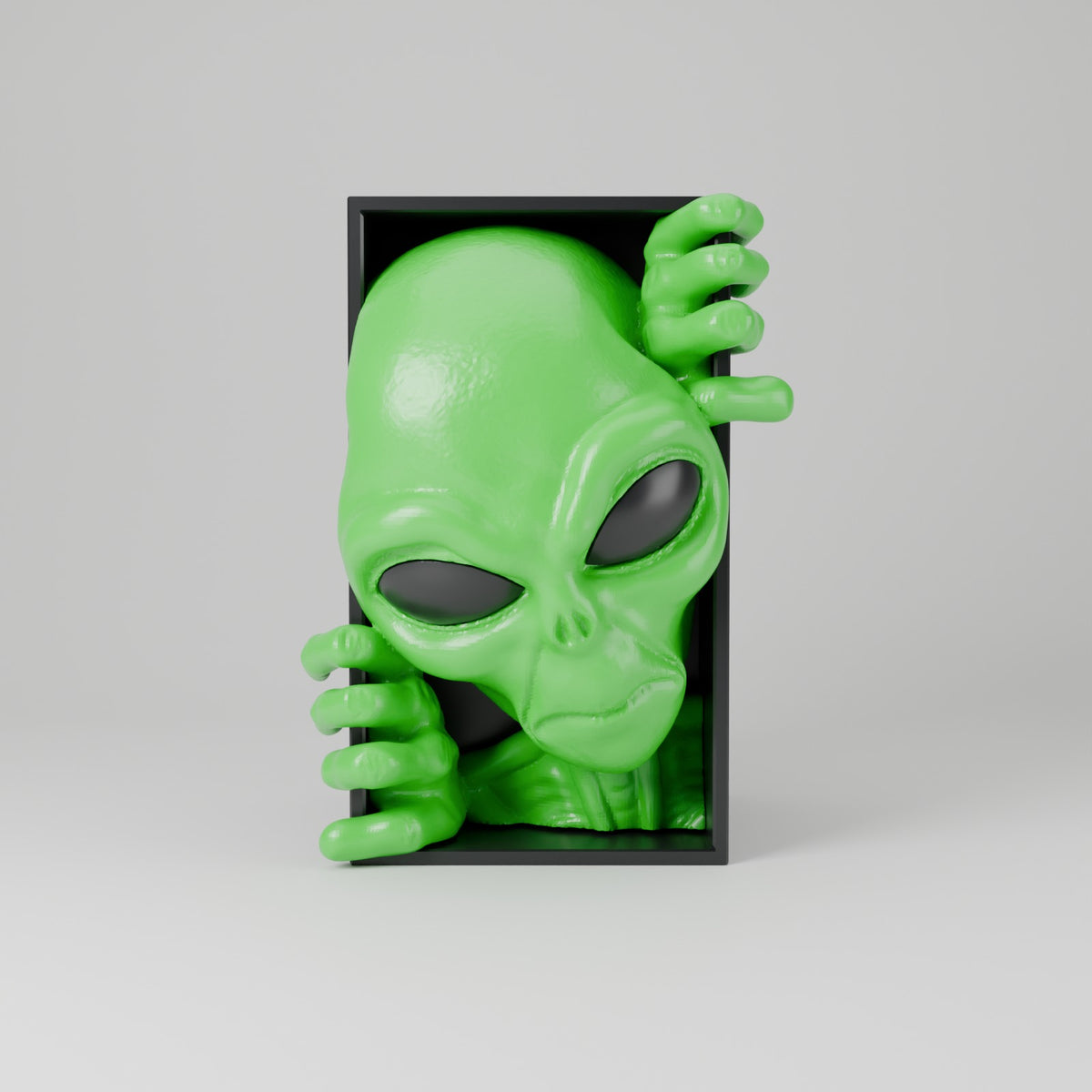 Alien book nook bookshelf insert green with black eyes front view