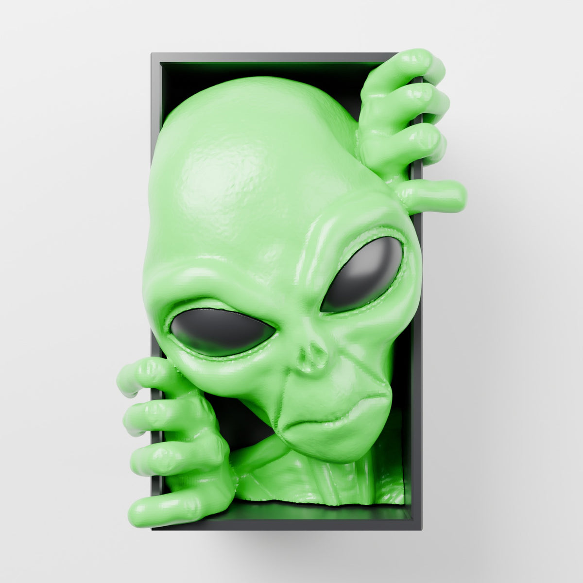 Alien book nook bookshelf insert green with black eyes on white wall front