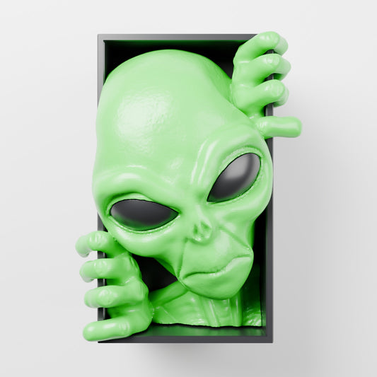Alien book nook bookshelf insert green with black eyes on white wall front