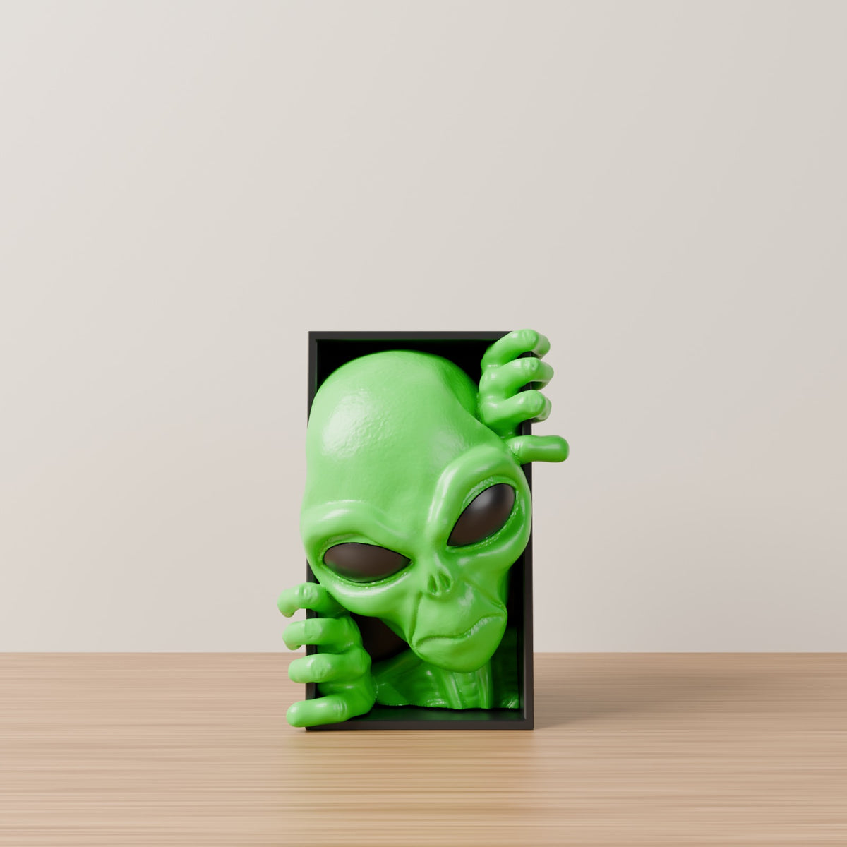 Alien book nook bookshelf insert green with black eyes on wooden table plain