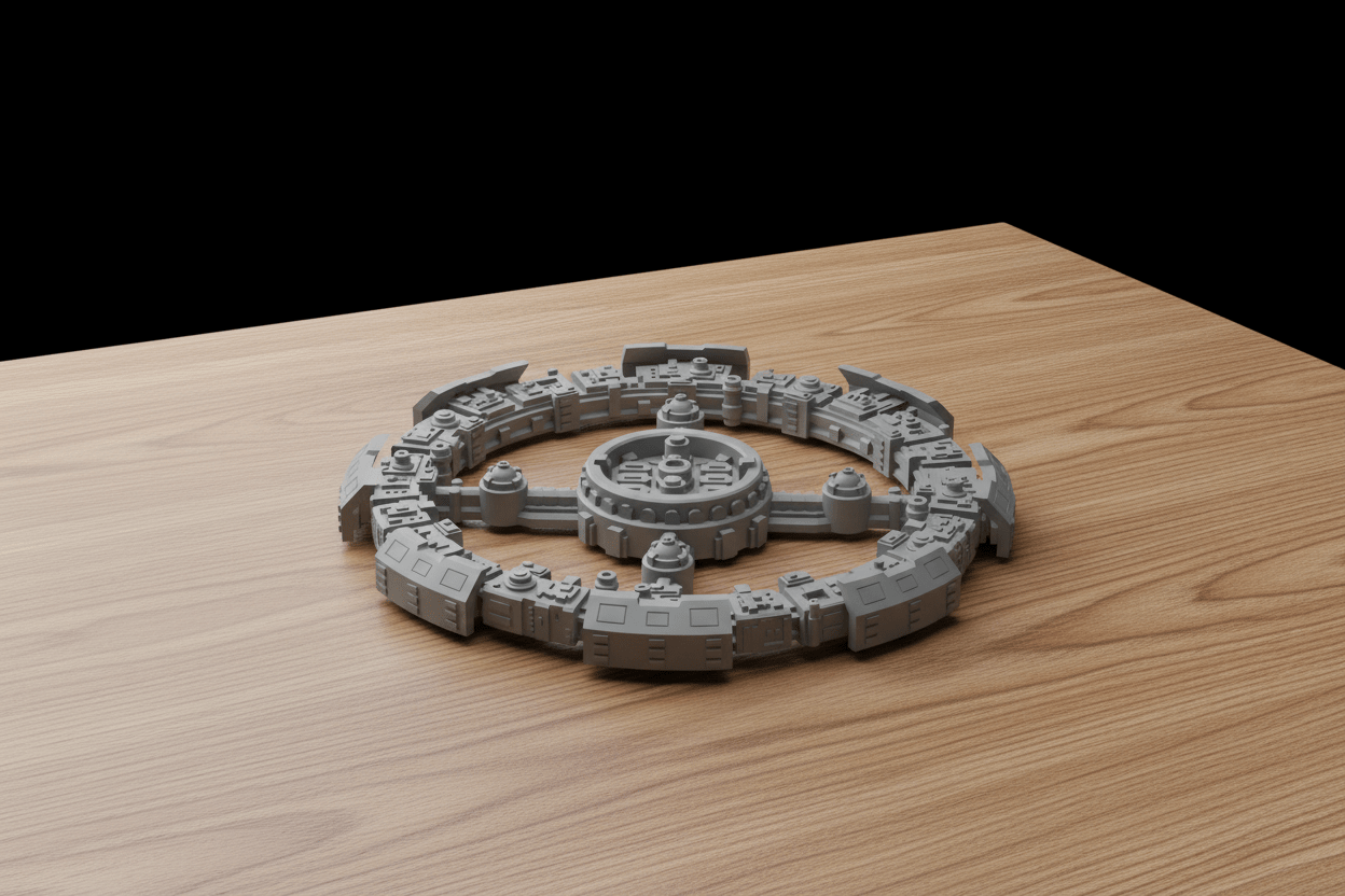 Gray metallic model of a circular architectural structure on a wooden surface with a black background