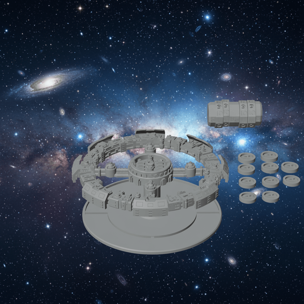 Space station model and components against a starry space background