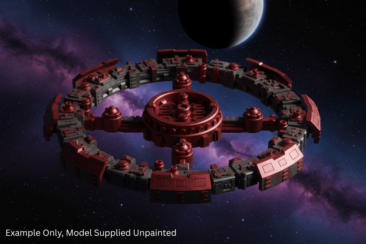 Unpainted model of a space station with a planet and starry sky in the background