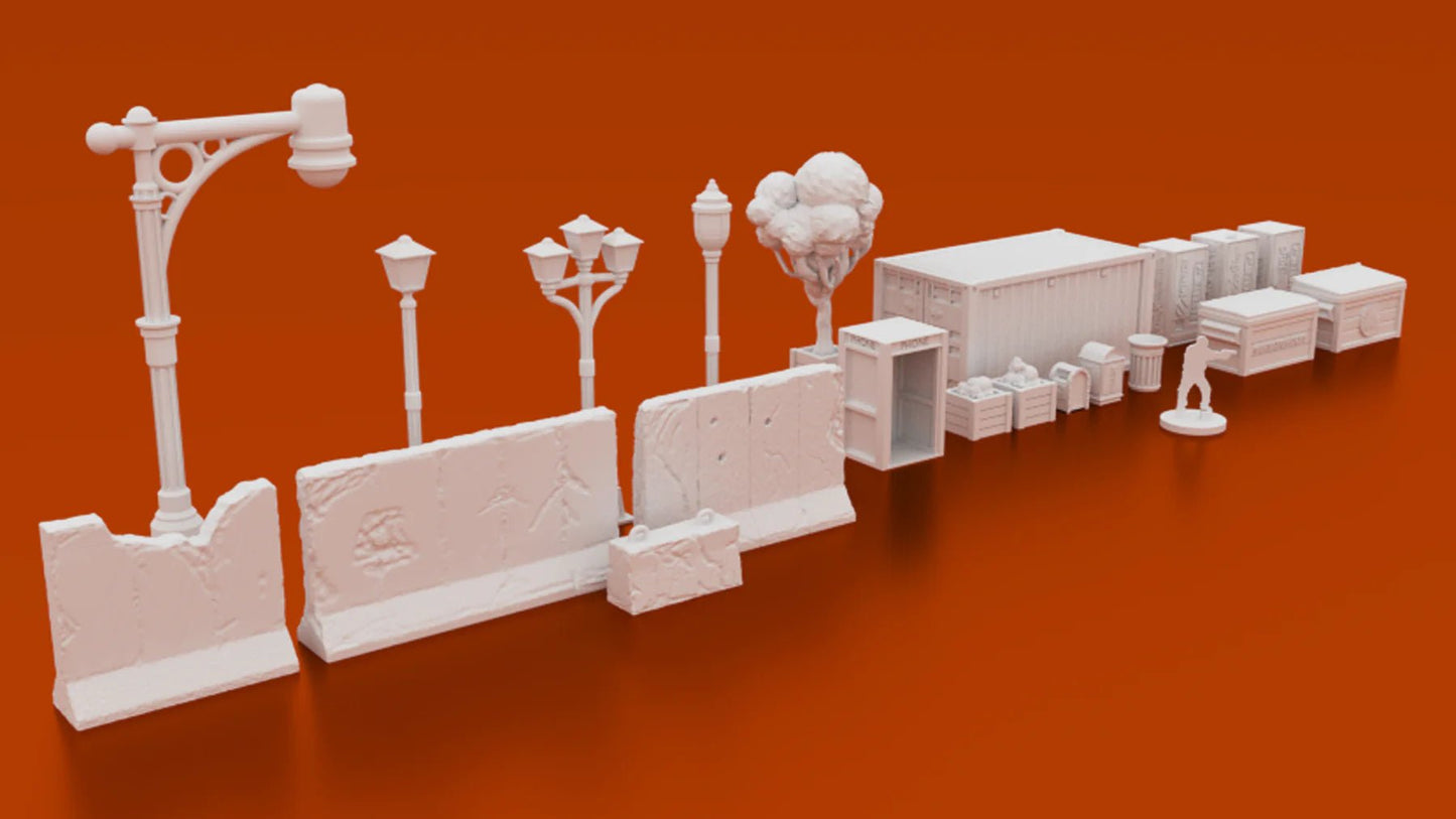 Bleecker Street Urban Epicenter — Superhero Skirmish Terrain Bundle — Size 3 & Size 4 Scenery — 40mm and 28mm Scale City Buildings & Scatter
