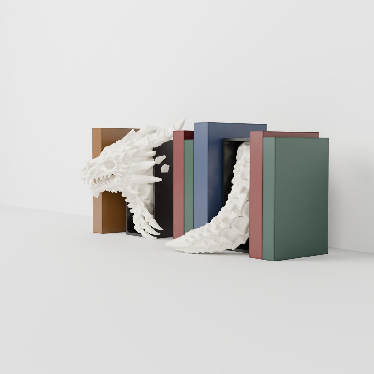 Bone Dragon Book Nook – Skeleton Dragon Head or Tail Bursting from Your Bookshelf - Northern Foundry
