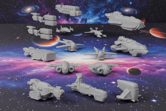 Civilian Merchant Convoy | 18 - Ship Space Fleet | Freighters, Science Vessel & Escorts | Sci - Fi Objective Markers & Scenery - Northern Foundry