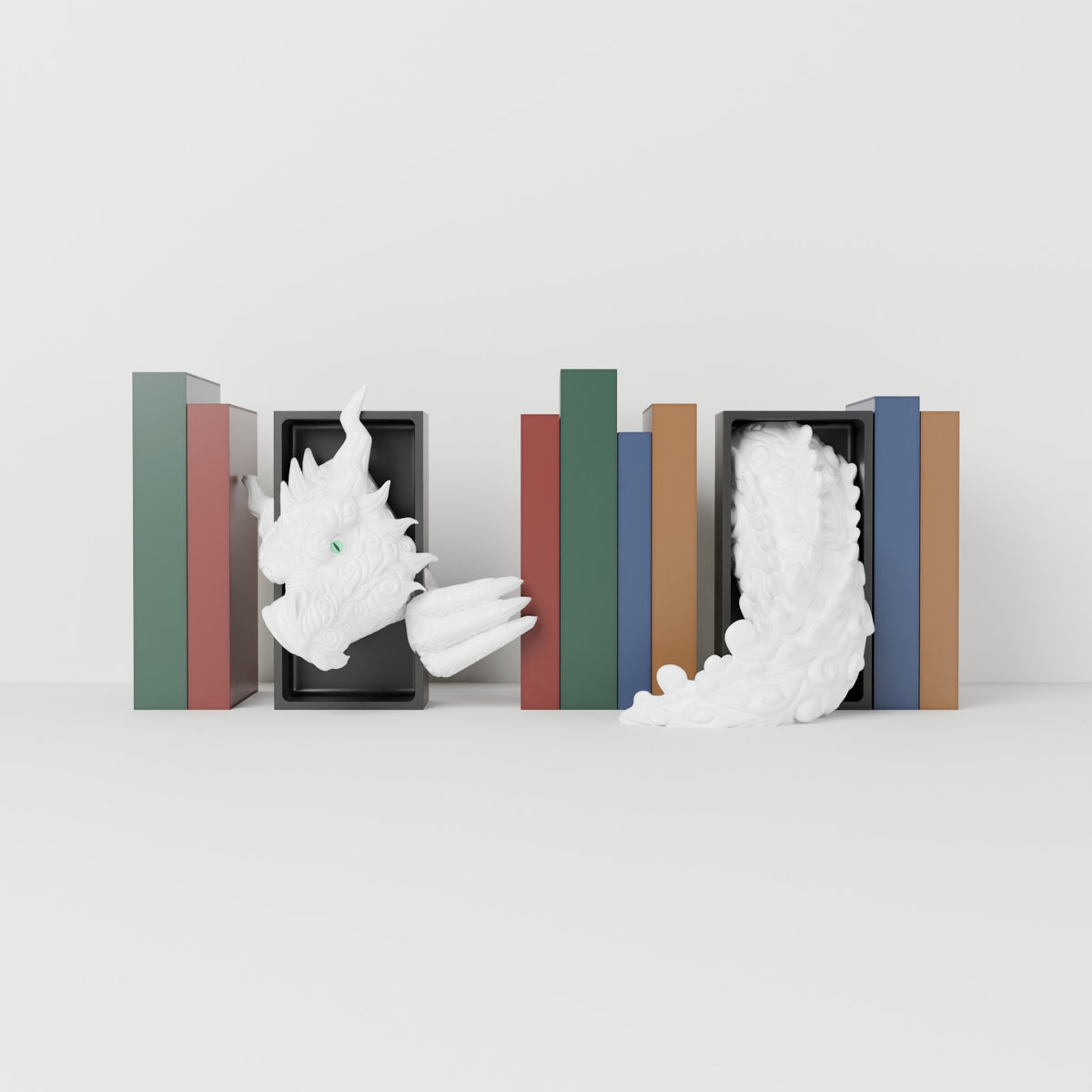 Cloud dragon emerging head and tail book nook pearl white on white shelf front