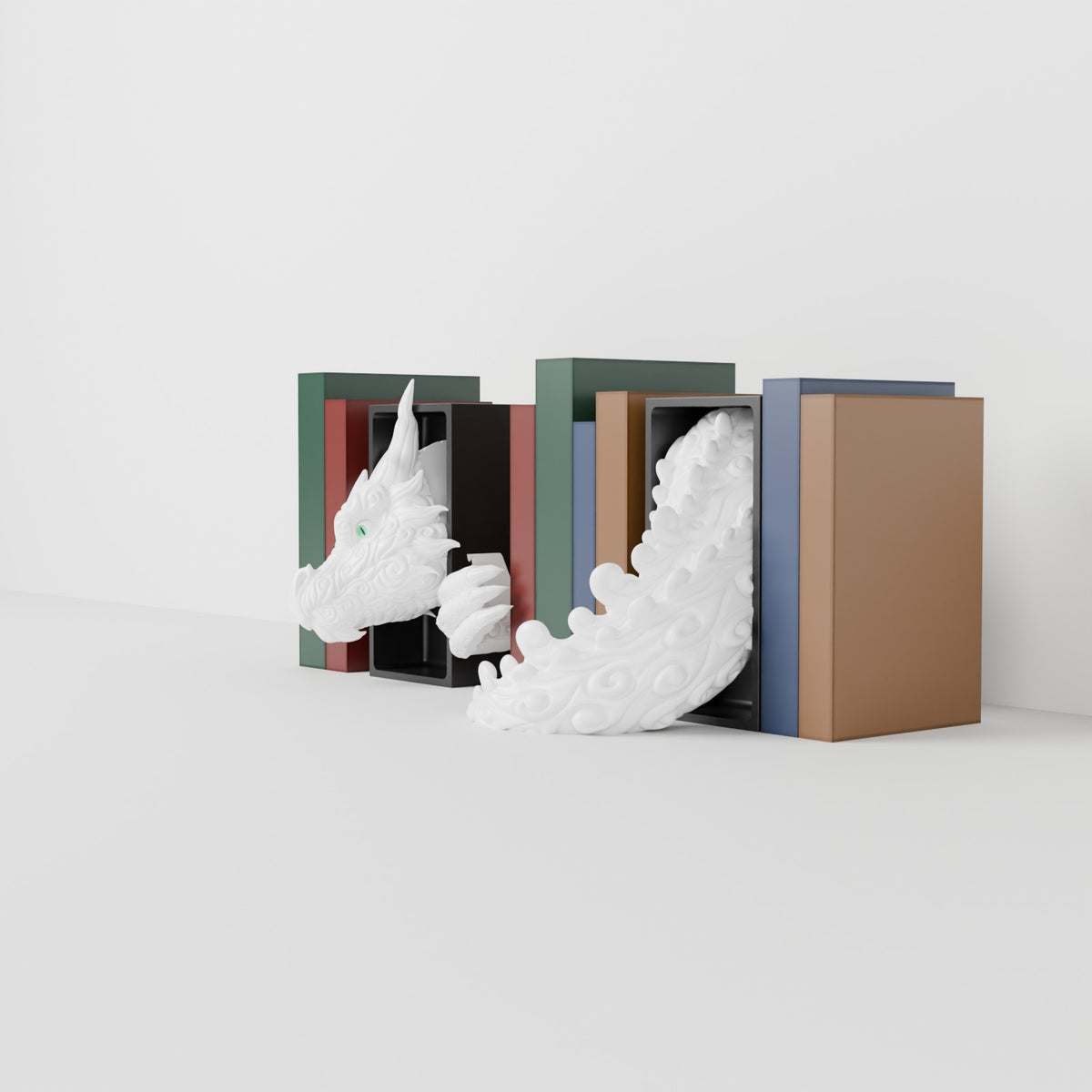 Cloud dragon emerging head and tail book nook pearl white on white shelf side