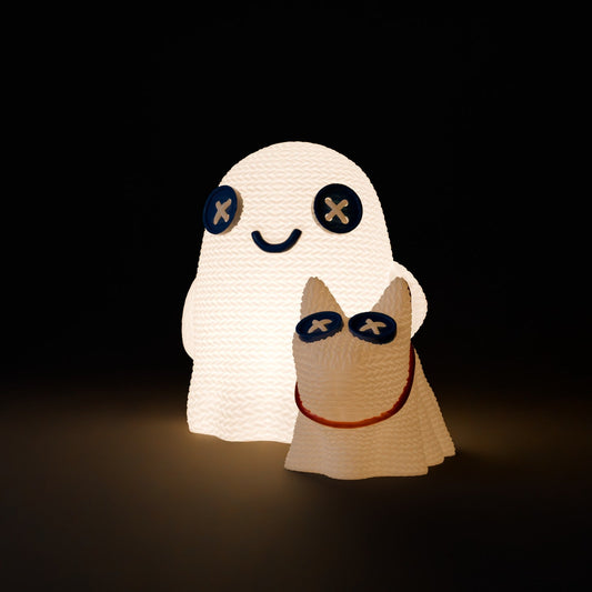 Crochet Ghost with Dog – Cute Knit-Texture Ghost LED Tealight Holder with Ghost Puppy - Northern Foundry
