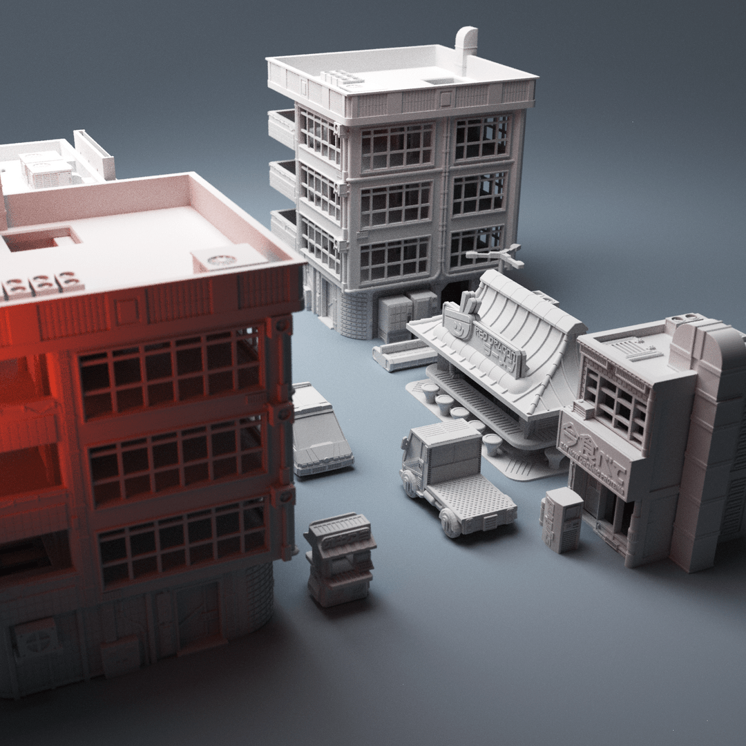 Cyberpunk City Terrain Bundle – 5 Buildings, 3 Vehicles & Scatter (28mm/32mm/40mm) - Northern Foundry