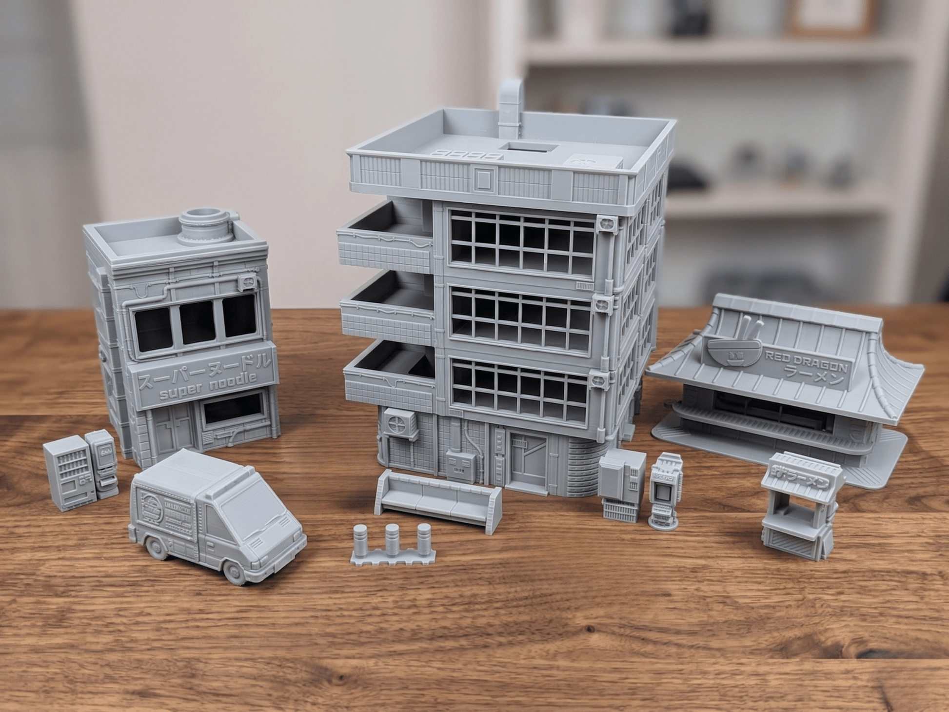 Cyberpunk City Terrain Bundle – 5 Buildings, 3 Vehicles & Scatter (28mm/32mm/40mm) - Northern Foundry