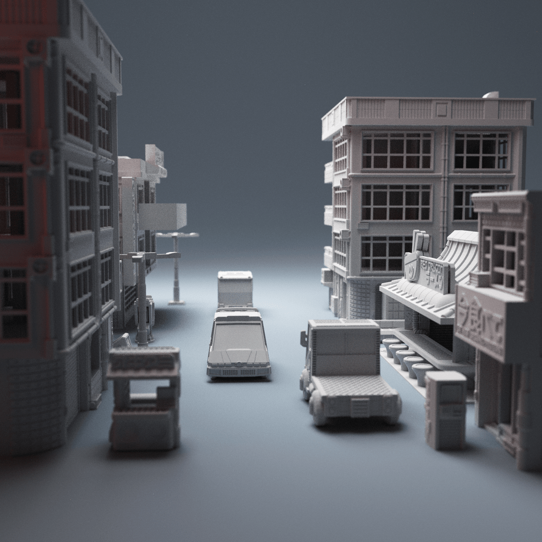 Cyberpunk City Terrain Bundle – 5 Buildings, 3 Vehicles & Scatter (28mm/32mm/40mm) - Northern Foundry