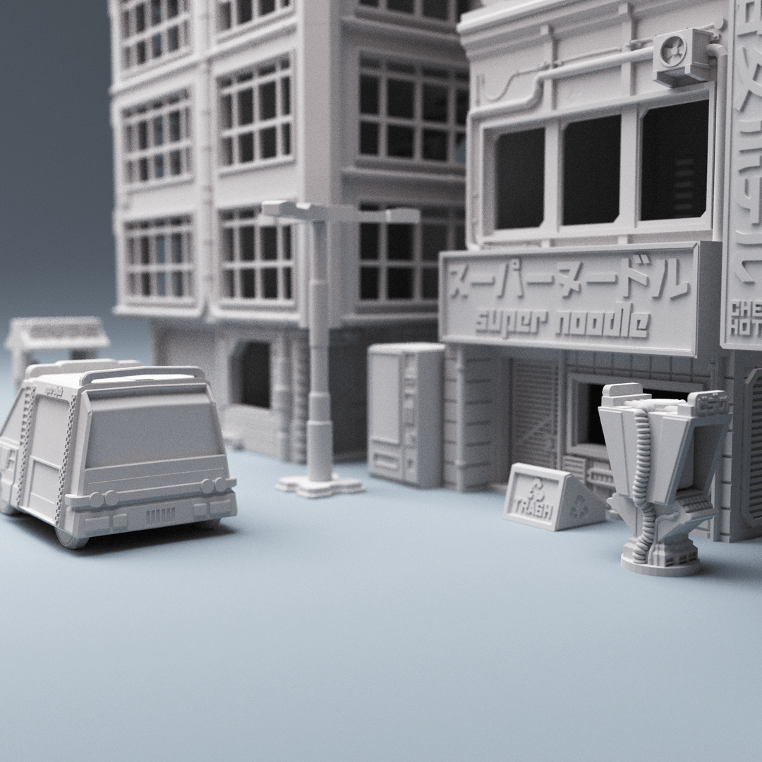 Cyberpunk City Terrain Bundle – 5 Buildings, 3 Vehicles & Scatter (28mm/32mm/40mm) - Northern Foundry