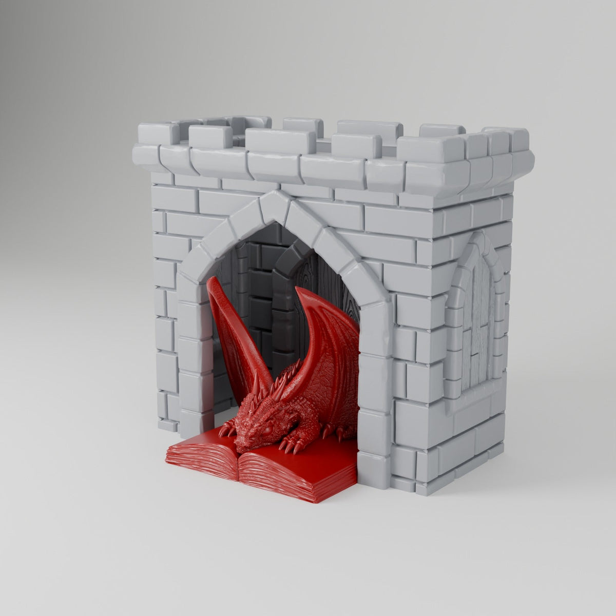 Dragon Library Book Nook – Castle Gate Bookend with a Reading Dragon - Northern Foundry
