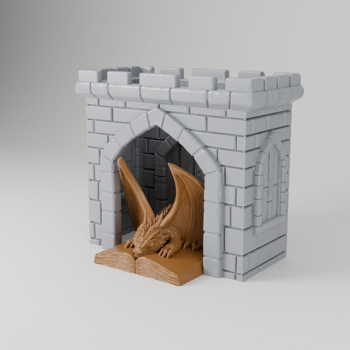 Dragon Library Book Nook – Castle Gate Bookend with a Reading Dragon - Northern Foundry