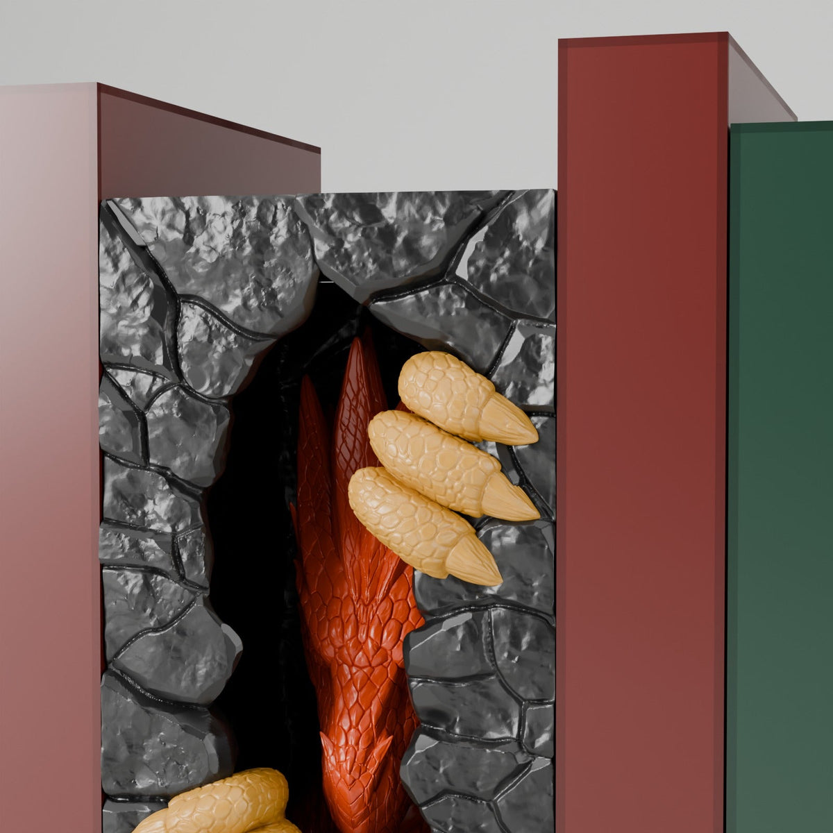 Dragon Portal Book Nook – Dragon Clawing Through a Stone Wall Bookshelf Insert - Northern Foundry