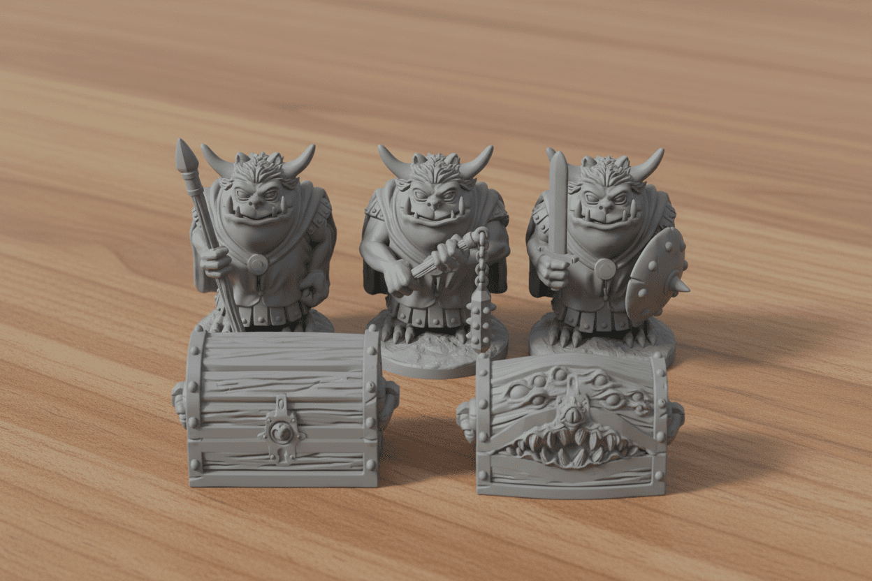 Goblin minis on a wooden table