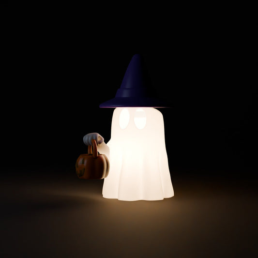 Ghost Lamp with Hat – Cute Halloween Ghost Tealight Holder with Pumpkin Bucket - Northern Foundry