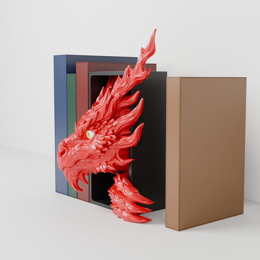 Inferno Dragon Book Nook – Fire Dragon Head or Tail Bursting from Your Bookshelf - Northern Foundry