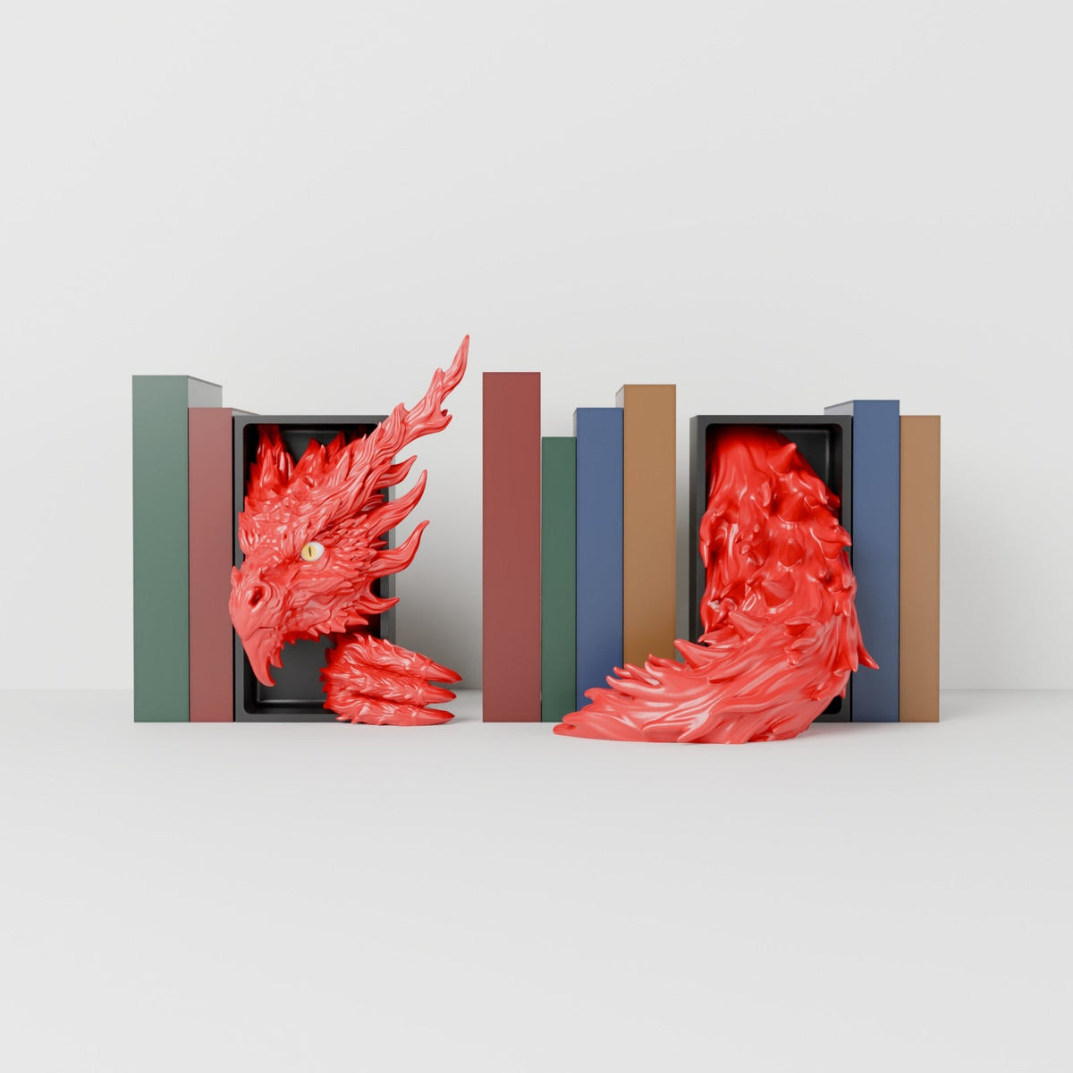 Inferno Dragon Book Nook – Fire Dragon Head or Tail Bursting from Your Bookshelf - Northern Foundry