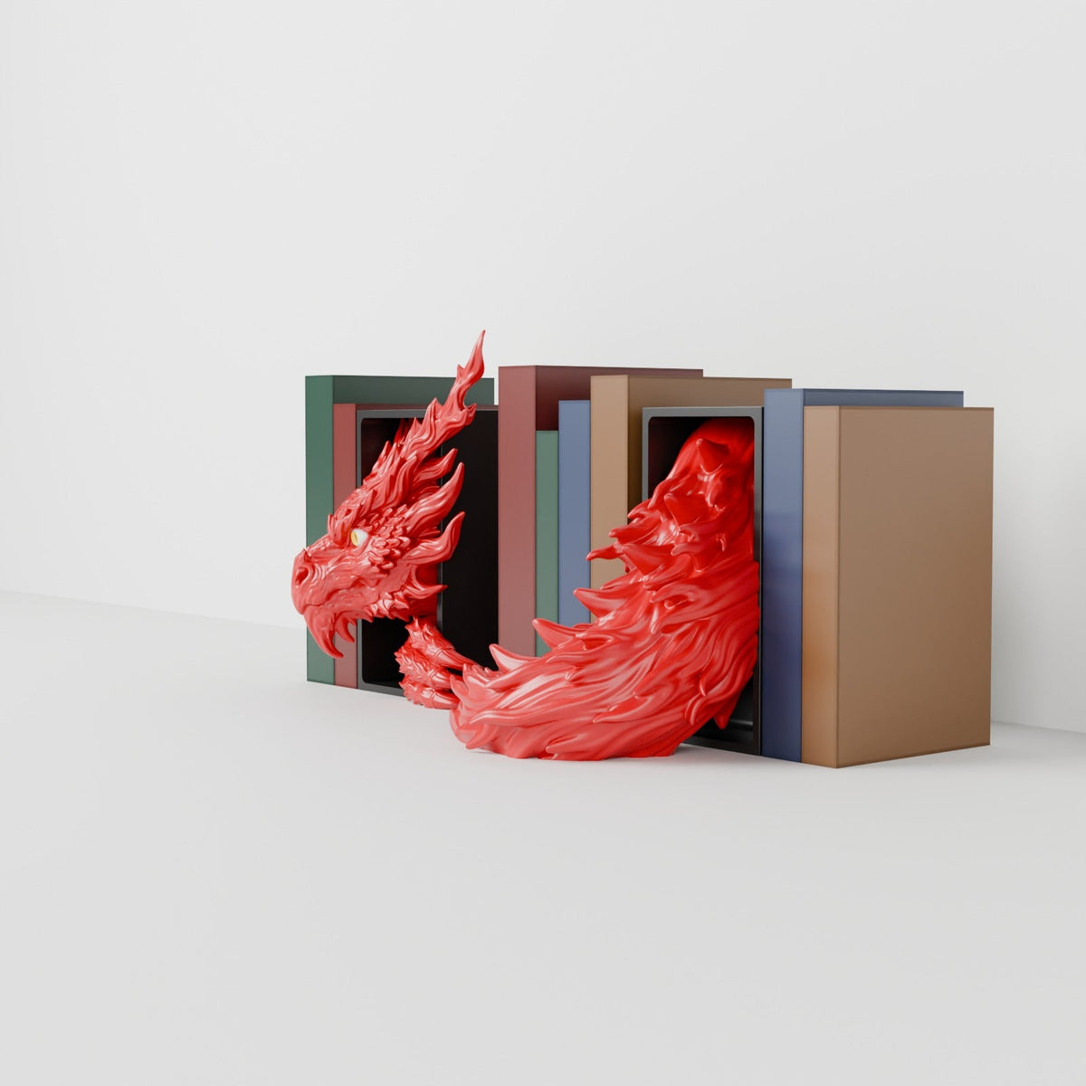 Inferno Dragon Book Nook – Fire Dragon Head or Tail Bursting from Your Bookshelf - Northern Foundry