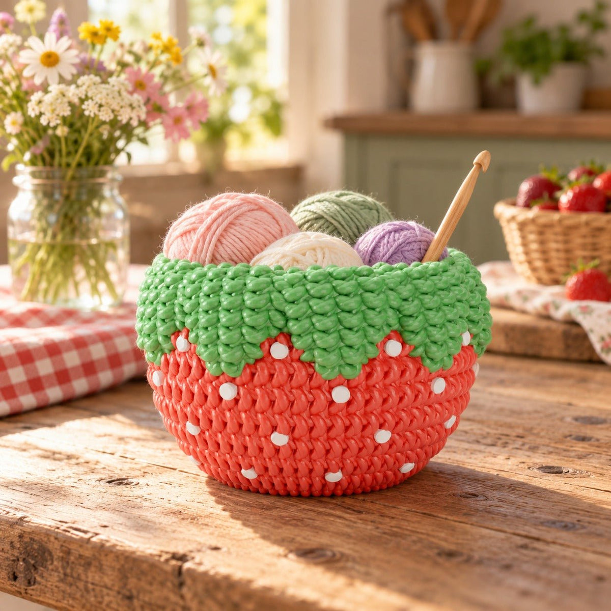 Knitted Strawberry Bowl – Crochet-Look Fruit Catchall - Northern Foundry