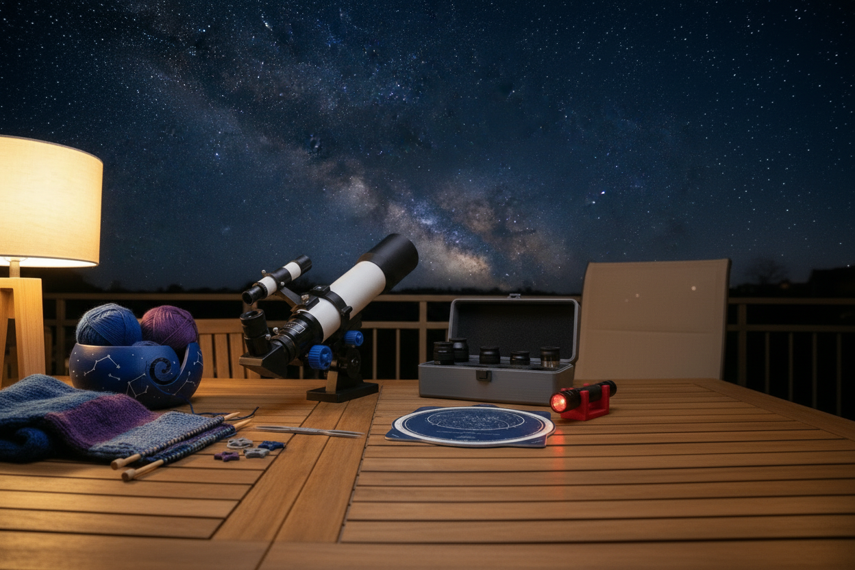 Telescope and astronomy tools on a wooden deck with a night sky view.