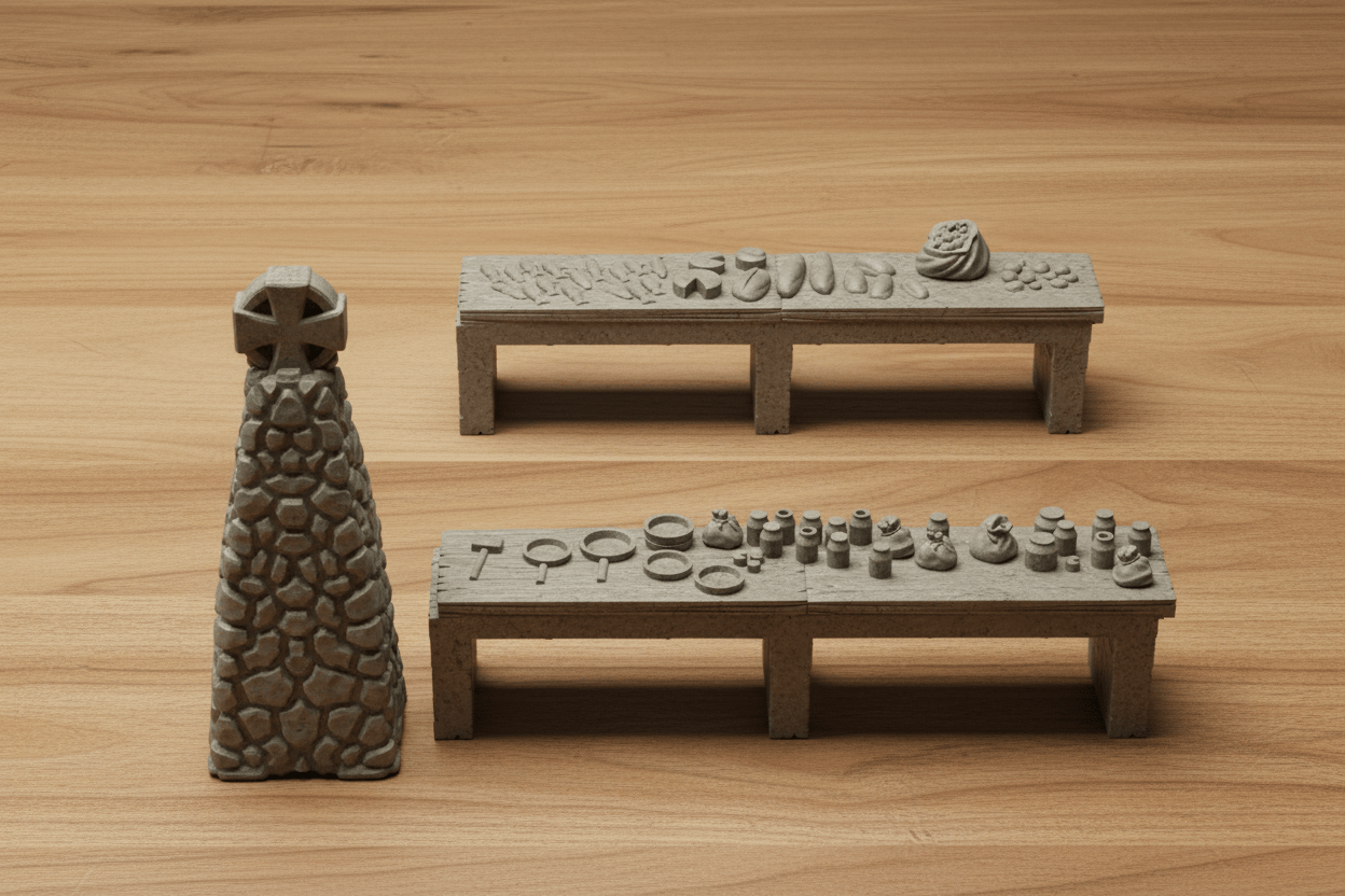 Medieval Market Square Terrain | Merchant Stalls, Fountain & Cart | RPG Village Scatter Scenery | Dragonshire Series - Northern Foundry