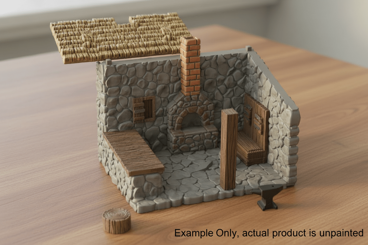 Medieval Village Blacksmith Shop — Removable Roof Terrain with Forge Interior — RPG Scenery