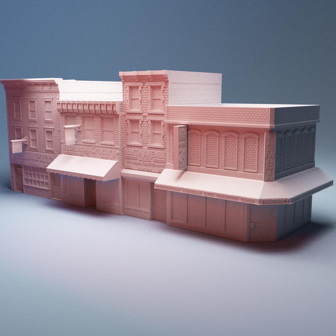 Modern City Block Terrain Set – 4 Hell's Kitchen Storefronts (28mm/32mm/40mm) - Northern Foundry