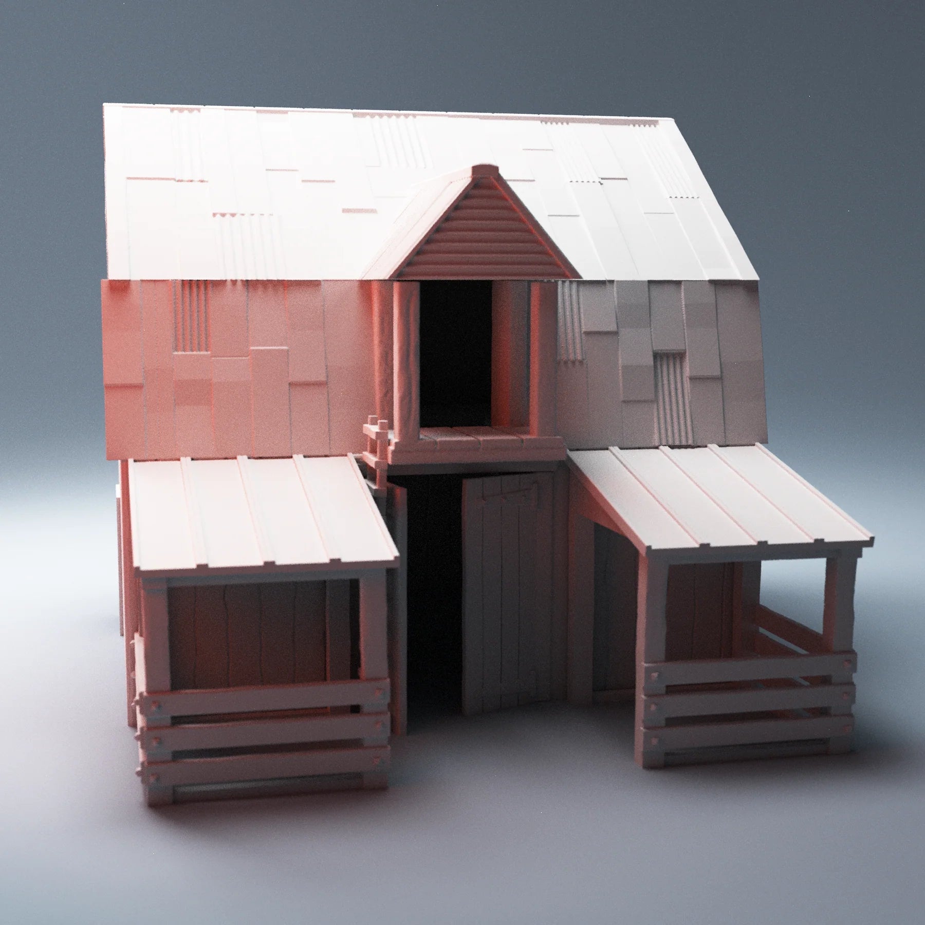 Model of a small wooden cabin with a gray roof on a gradient background