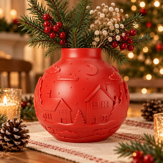 Red Winter Landscape Vase – Christmas Village Bauble Vase with Embossed Forest - Northern Foundry