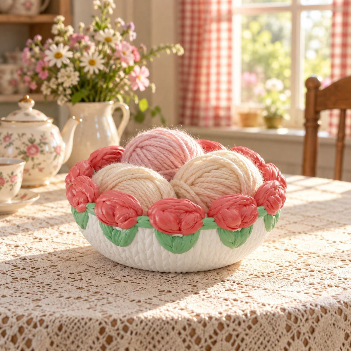 Rose Basket Bowl – Knit-Texture Bowl with Red Rose Rim - Northern Foundry