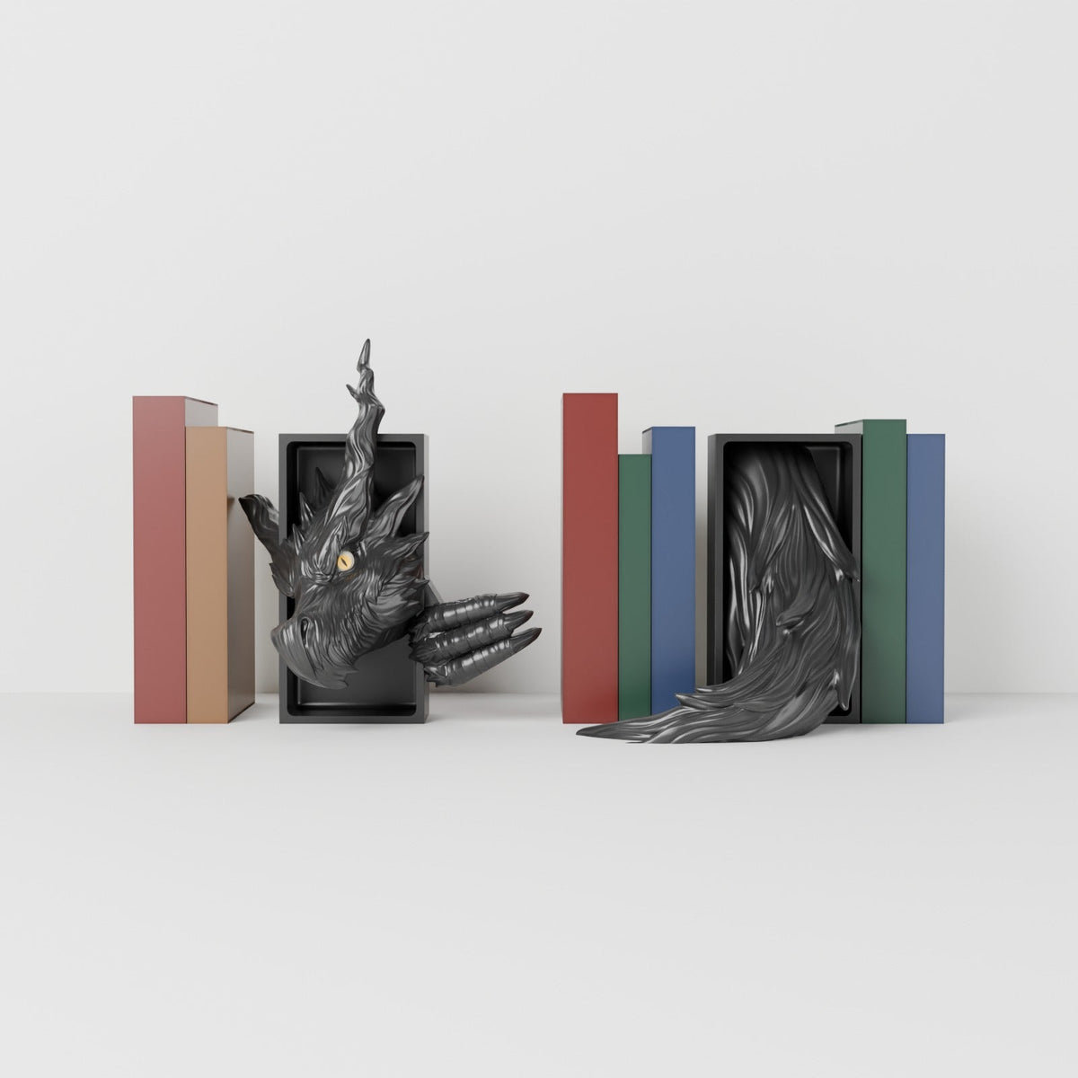 Shadow Dragon Book Nook – Black Dragon Head or Tail Bursting from Your Bookshelf - Northern Foundry