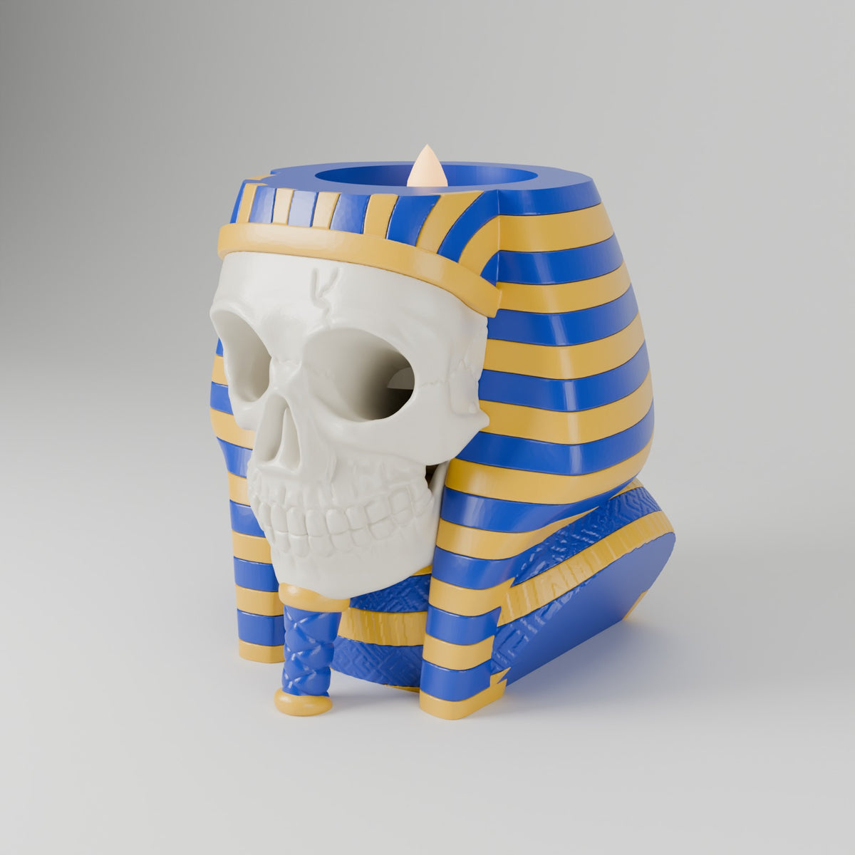Skull pharaoh tealight holder lapis blue and gold angled view