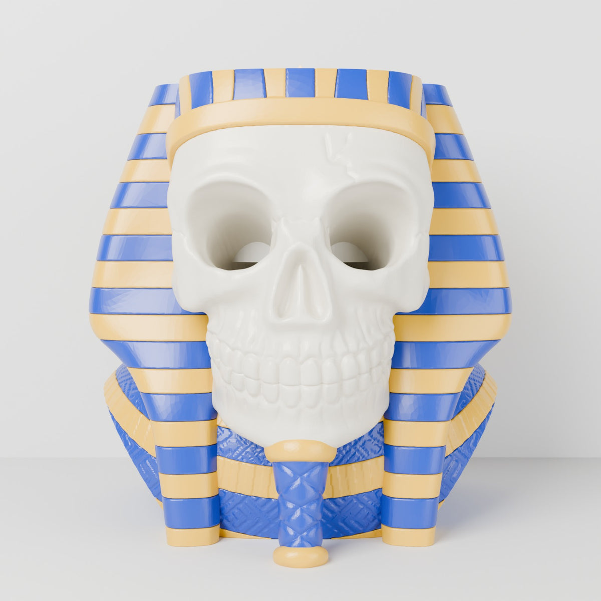 Skull pharaoh tealight holder lapis blue and gold on white shelf front