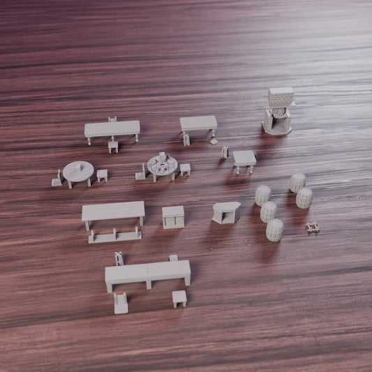 Tavern Tables, Seating & Corner Bar – 28mm Scatter Terrain - Northern Foundry