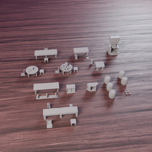 Tavern Tables, Seating & Corner Bar, assembled set on a wooden table