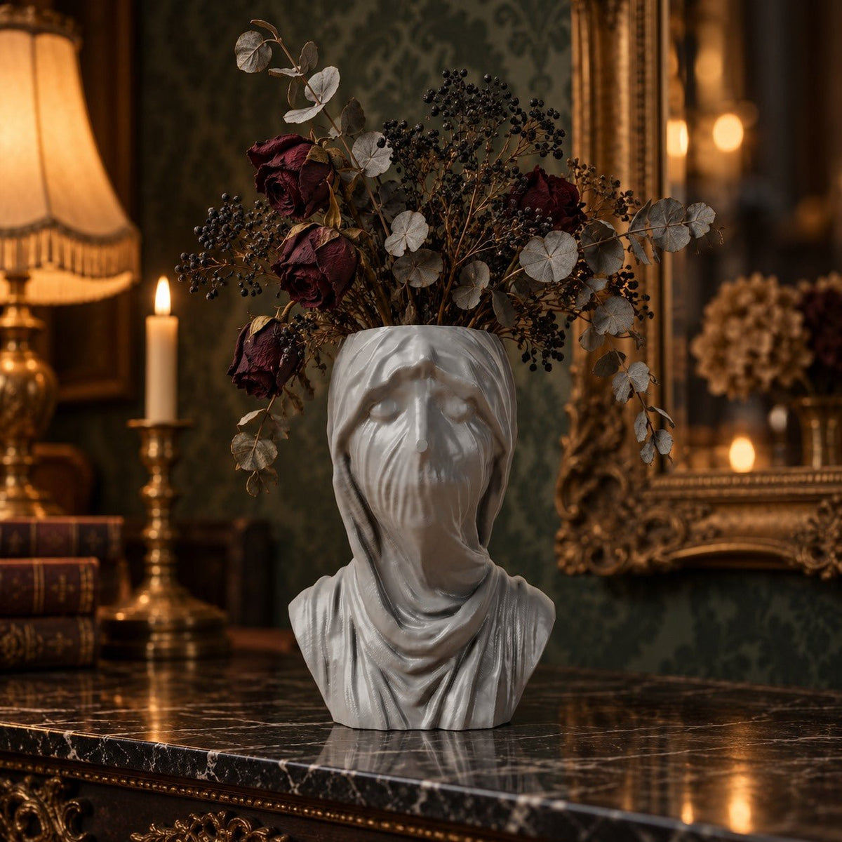 Veiled Face Bust Vase – Gothic Draped Decor - Northern Foundry
