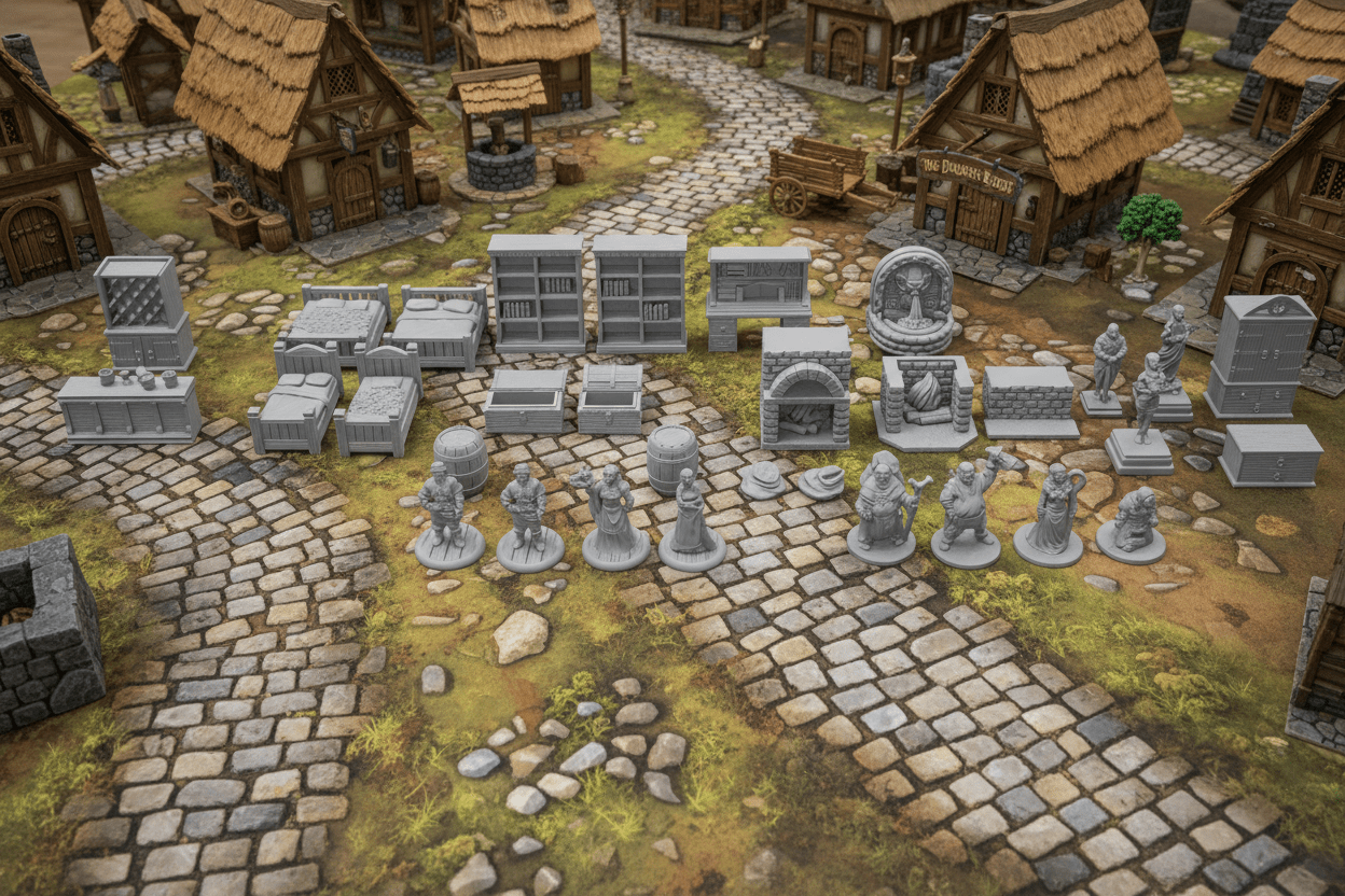 Village Interiors & NPCs 28mm Scale | Furniture Scatter Bundle | Fat Dragon Games Dragonshire Village - Northern Foundry