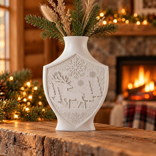 Winter Reindeer Relief Vase – Flat Shield Vase with Deer & Snowflake Scene - Northern Foundry